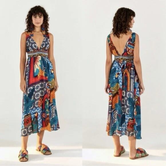 FARM Rio Forest Tiles Midi Plunging V-Neck Flowy Fit & Flare Dress Size S